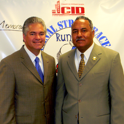 Sheriff James Pohlmann with Orleans Sheriff Marlin Gusman at the Crimestoppers news conference July 13. 