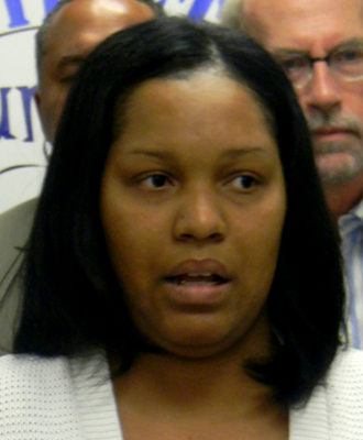 Alkima Williamson, whose 7-year-old daughter was killed by a stray bullet as the child slept in her bed, spoke at the news conference about the importance of supporting Crimestoppers, which received a tip which led to an arrest in her daughter’s killing, 