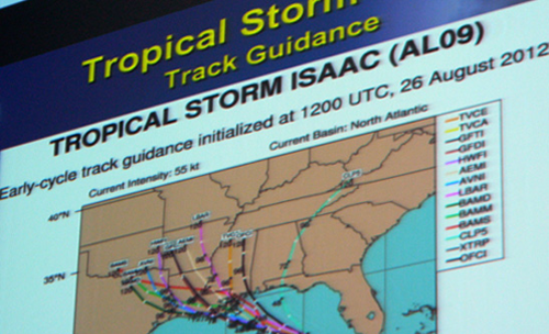 A computerized view of various models of the track of Tropical Storm Isaac, expected to become a hurricane, that was shown to Sheriff’s Office staffers.