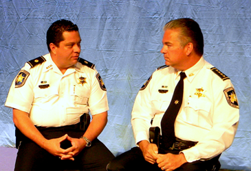 St. Bernard Sheriff James Pohlmann, at right, discusses drug abuse with Maj. Chad Clark, head of Special Investigations which includes the Narcotics Unit, in an interview videotaped for the public school system.