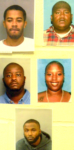 Organization chart in arrest of New Orleans area singer Brett Scipio, who performs as Weedy, believed to be co-head of ring busted in Chalmette for five pounds of potent marijuana worth $45,000. Scipio arrested with a handgun in a vehicle. Scipio, 30, is top lef and next to him is Kevin Miller Jr.. Second row is, at left, Robert Williams and at right, Naticole January. Bottom row is Levi Arnold, whose home the 5 pounds of marijuana was delivered to from California. He also had a handgun in the home