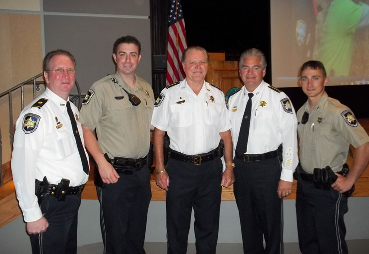 Shown from left,are Maj. David DiMaggio, director of training for the Sheriff's Office; Chachere, Chief Deputy Richard Baumy, Sheriff James Pohlmann and Soulagnet. Photo by the Sheriff's Office.