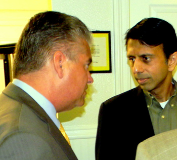 Sheriff James Pohlmann and Gov. Bobby Jindal talk before Jindal speaks to the hurricane preparedness meeting in Chalmette. 