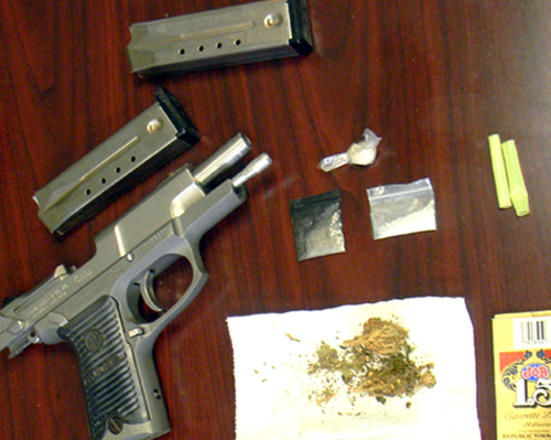 Items recovered in arrests including three baggies of meth, a handgun and marijuana.