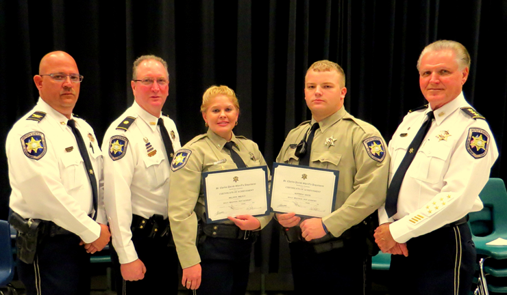 Two St. Bernard sheriff's deputies graduated the Peace Officers Standards and Training, or P.O.S.T., academy in St. Charles Parish on Nov. 5. Holding their certificates are, third from left, Melanie Breaux, and next to her, Matthew White. With them from the Sheriff's Office are, from left, Col. David Mowers, head of the Corrections Division; Maj. David DiMaggio, head of Training; and Chief Deputy Sheriff Richard Baumy. 